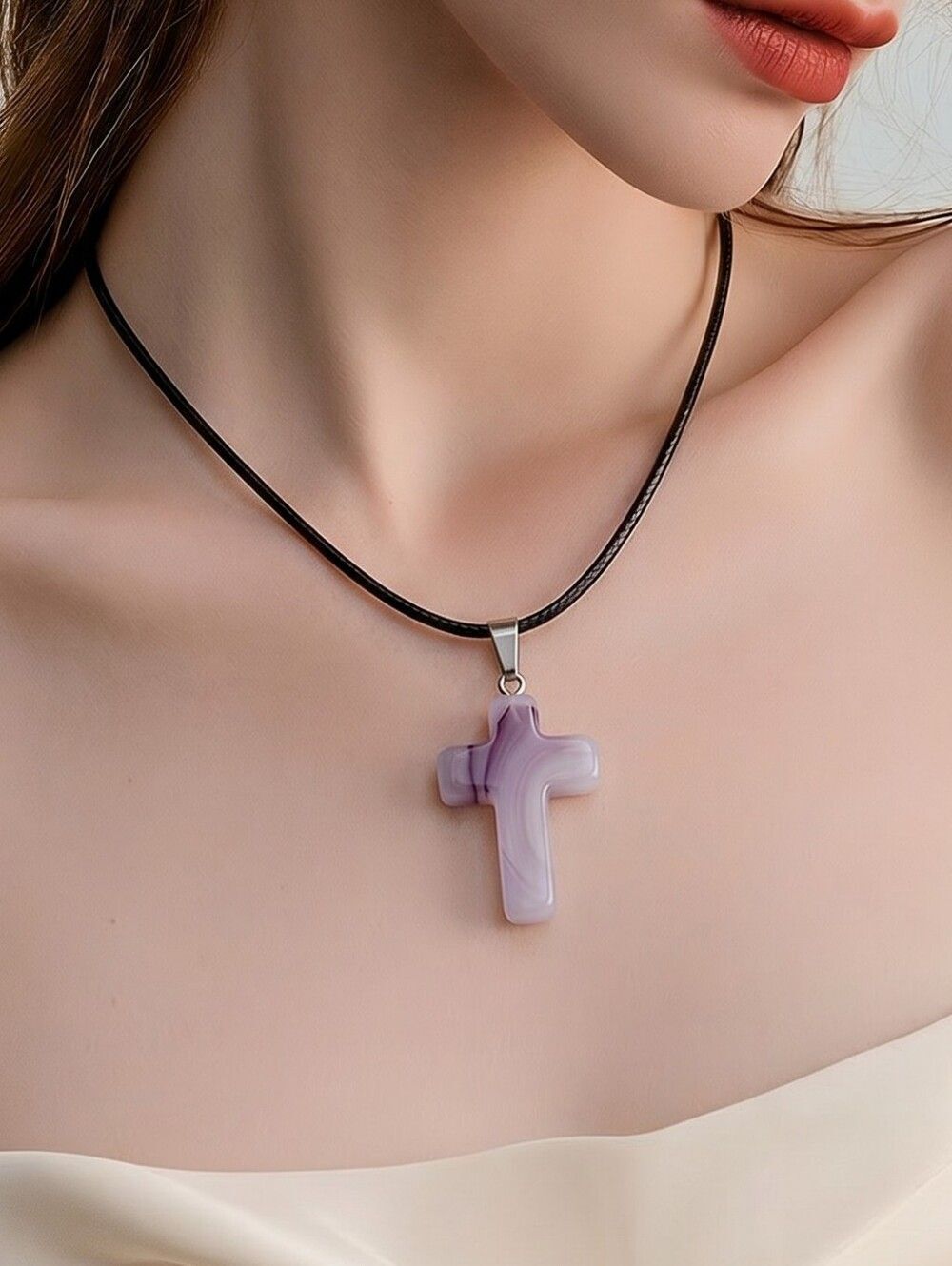 Lavender Agate Cross Necklace Natural White Purple Veined Stone Pendant Wax Cord
